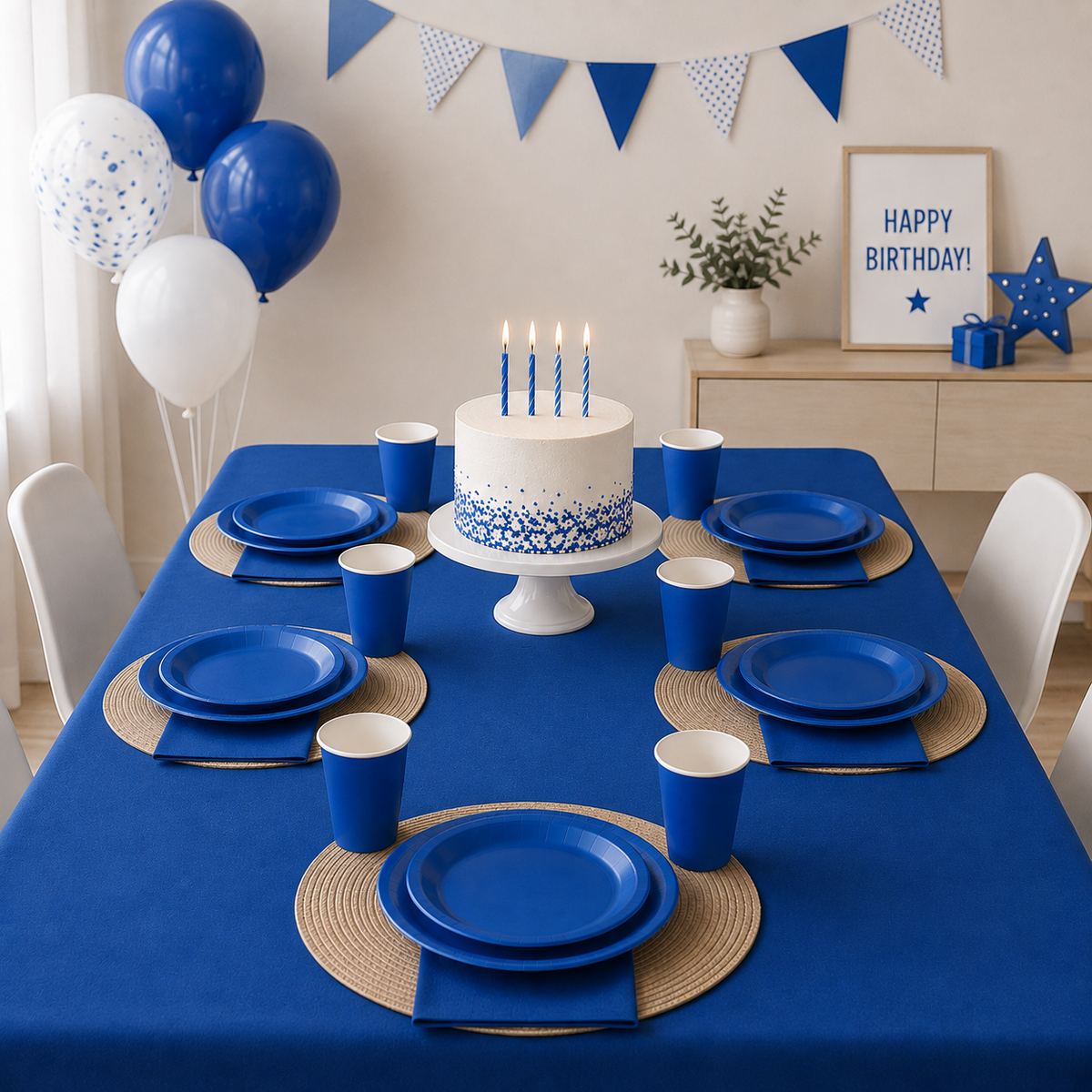 Vaisselle Anniversaire Bleu avec Nappe | Ensemble 51 Pièces