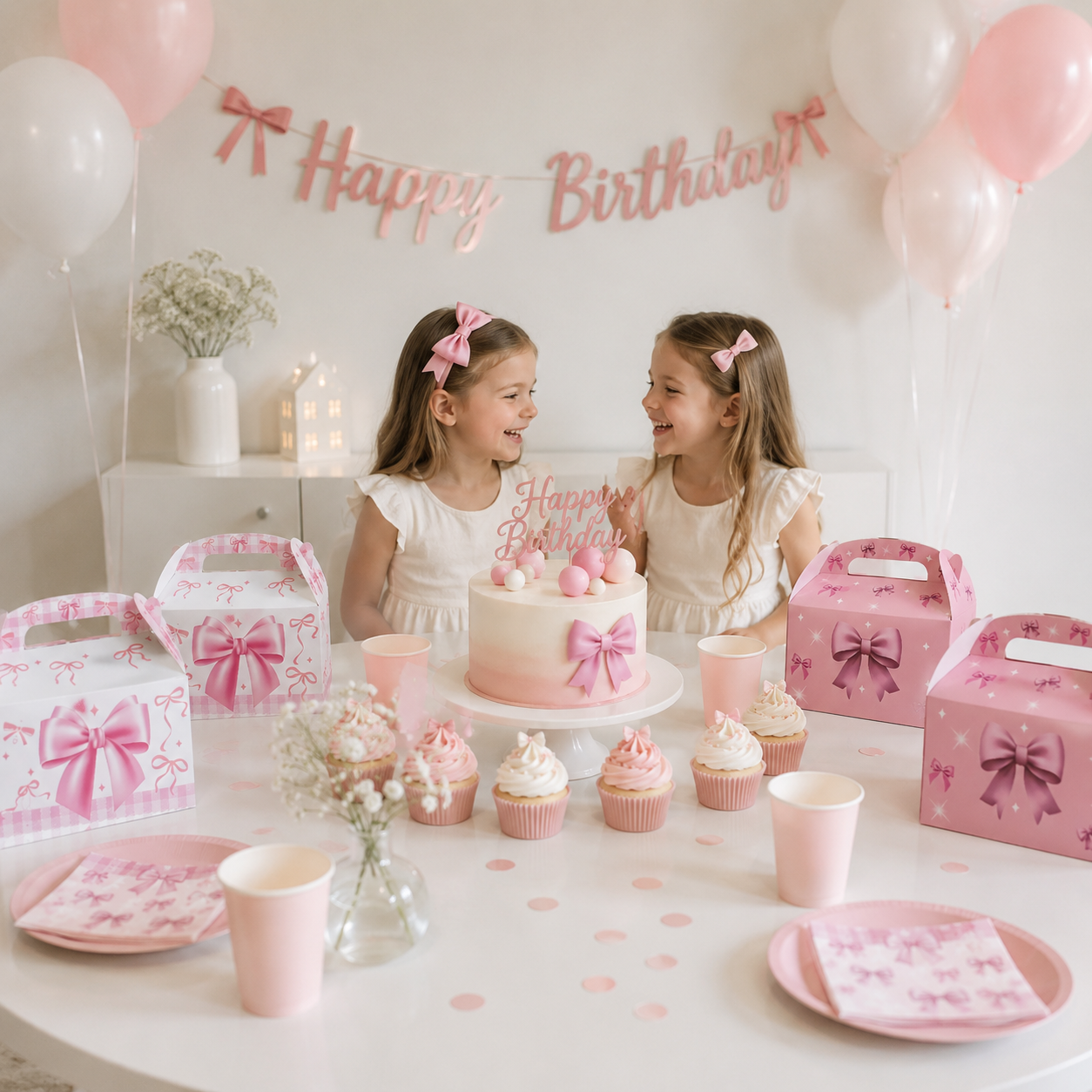 12/24pcs Pink Bow Kraft Paper Gift Box Handheld Kids Packaging Cake Candy Biscuits Storage Baking Birthday Party Favor