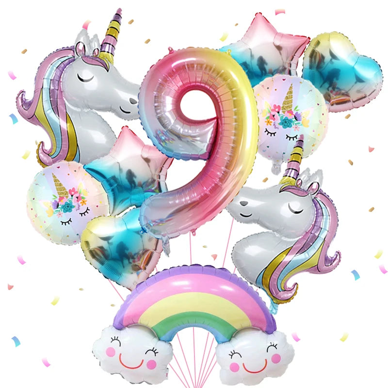 1set Rainbow Unicorn Girl Balloon Aluminum Film Balloon Set with Smiling Rainbow Foil 1st Newborn Party Decoration Supplies