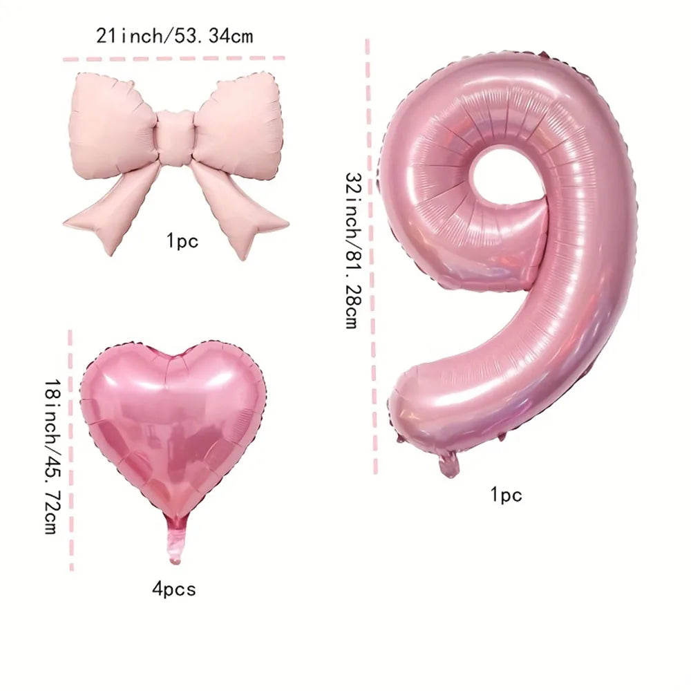 6pcs Pink Bow Heart Balloon with 32Inch Pink Number Foil Balloon for Birthday Party Wedding Engagements Anniversaries Decoration
