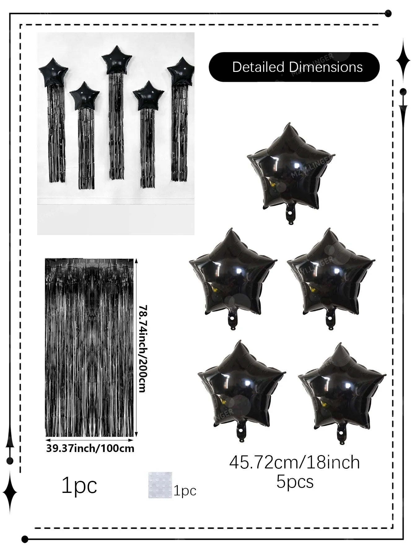 Five pointed star balloon and tassel rain curtain set for birthday parties, weddings, showers, party decorations
