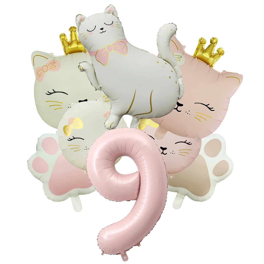 Ballons Anniversaire Chat Rose avec Chiffre | Lot de 7 pièces