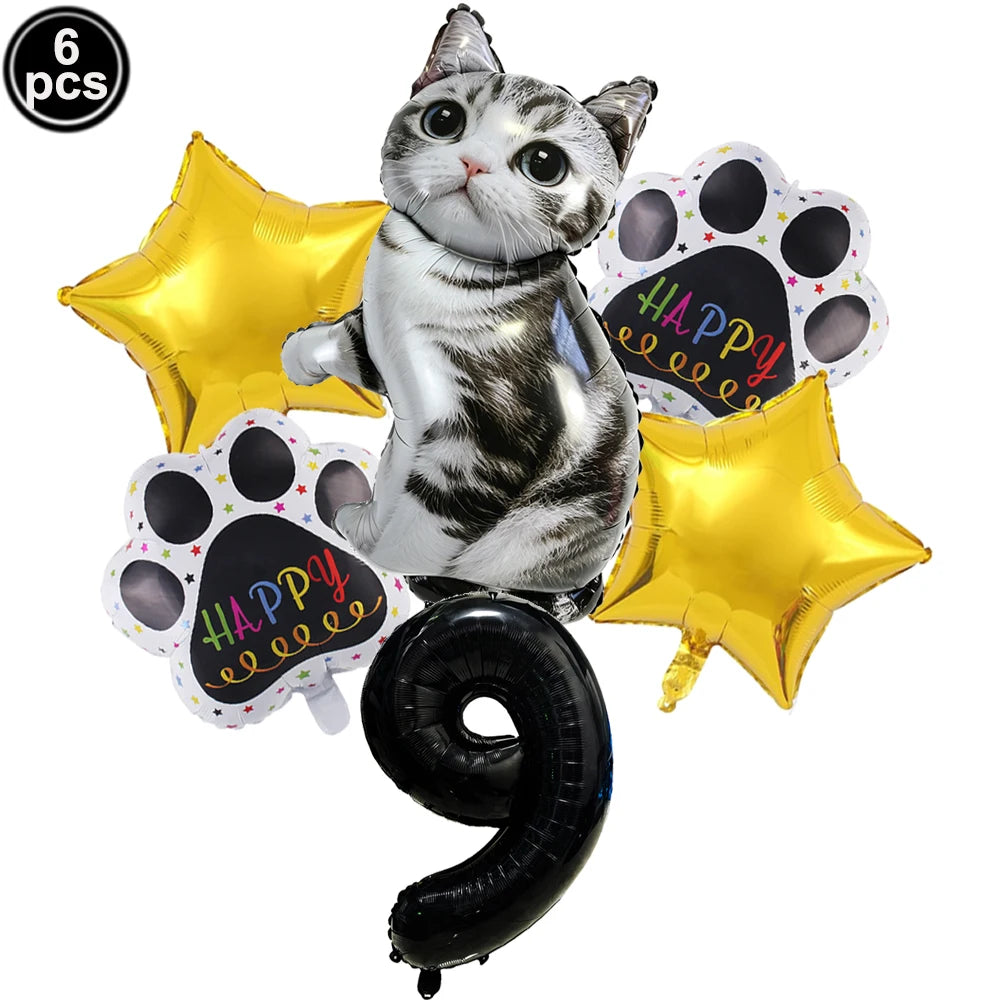 Cat Party Balloons Set Pink Blue Kitten Cat's Paw Foil Balloon with 32'' Number Balloons for Boy Girl 1-9th Birthday Party Decor