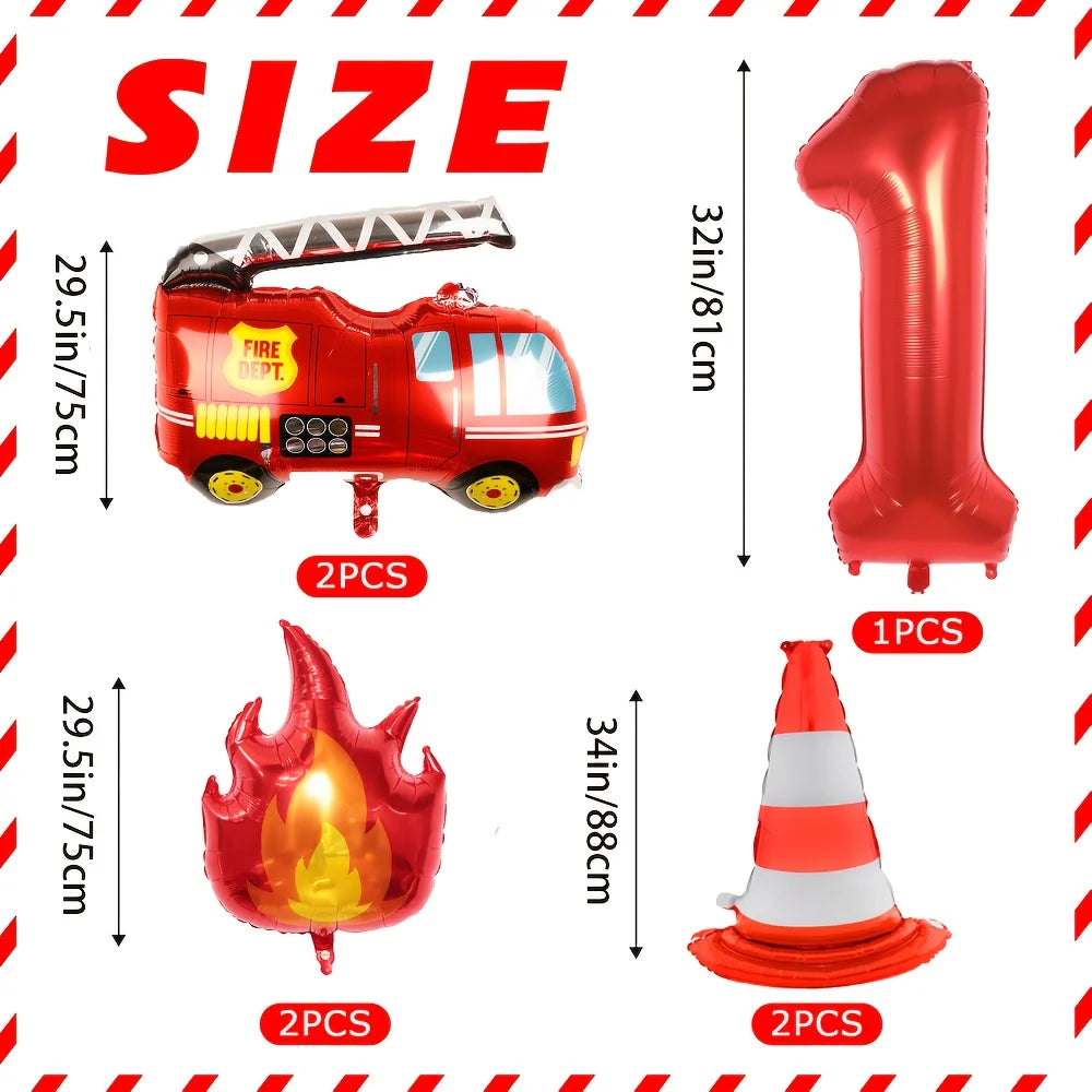 1Set Fire Truck Balloons Set Red 32Inch Number Balloon Flame Balloons For Baby Shower Firefighter Birthday Party Decoration