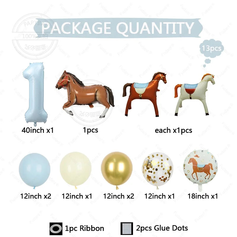 13pcs Cartoon Horse Birthday Party Decoration Aluminum Film Ballons Baby Shower Pet Pony Birthday Farm Party Theme Balloons