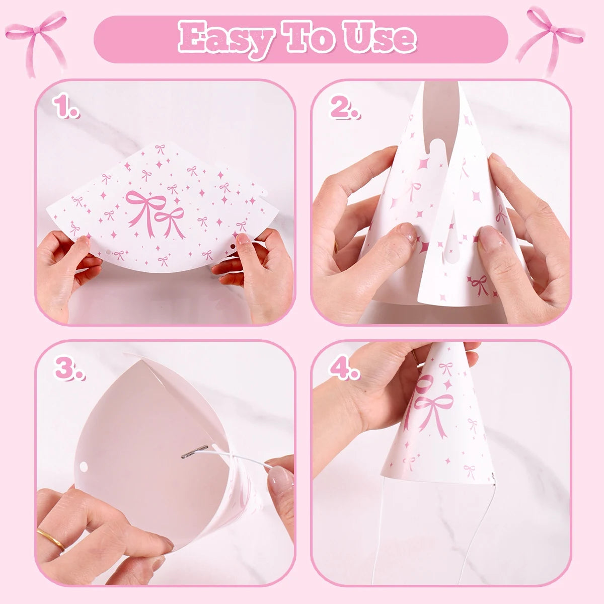 6pcs Bow Birthday Paper Hats Easy Assembly Lightweight Bowknot Cone Paper Party Hats for Happy Birthday Party Decorations