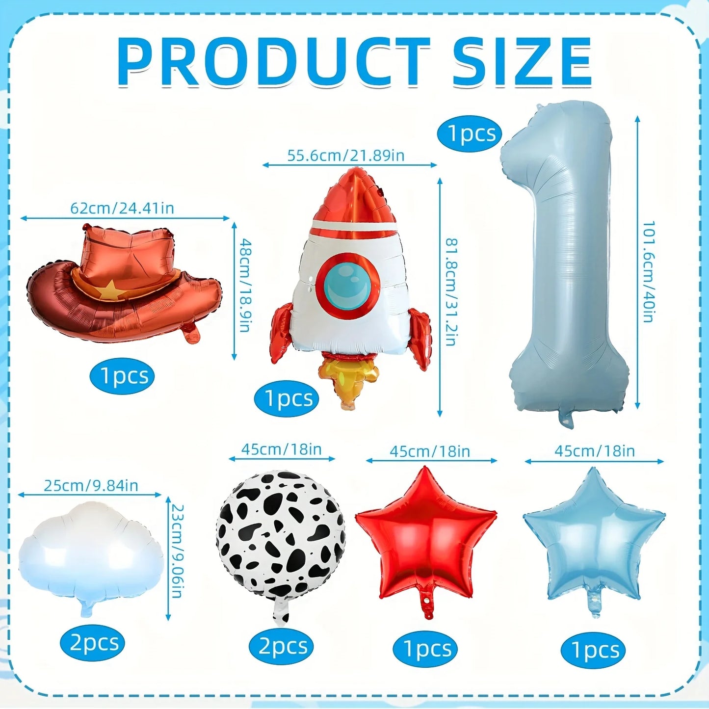 9Pcs Cloud Rocket Cowboy Hat Balloon Set Digital Numbers for Birthday Western Party Baby Shower Christening Wedding Celebration