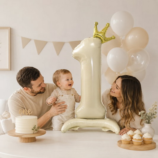 Ballon Chiffre Anniversaire sur Pied avec Couronne | 40 Pouces | Crème