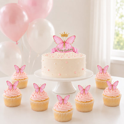 8pcs Purple Pink Butterfly Cake Decorations Happy Birthday Cake Topper Wedding Birthday Party Supplies Dessert Baking Decoration