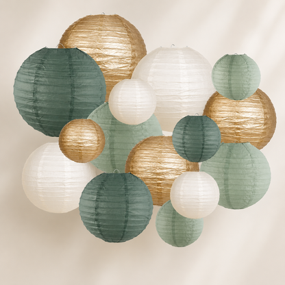 15-Piece Set of Paper Lantern Decorations, Round Hanging Paper Lantern Decorations, Suitable for Country Parties, Bridal Showers, Weddings, Gray-Green Birthday Party Supplies in Gold/Ivory/Grey-Green, Party Supplies, Ceiling