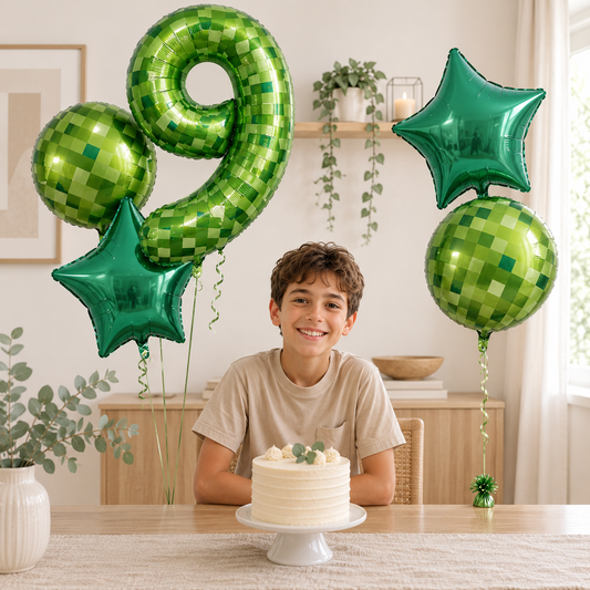 Ballons d'Anniversaire Pixel Vert | Lot de 5 Pièces