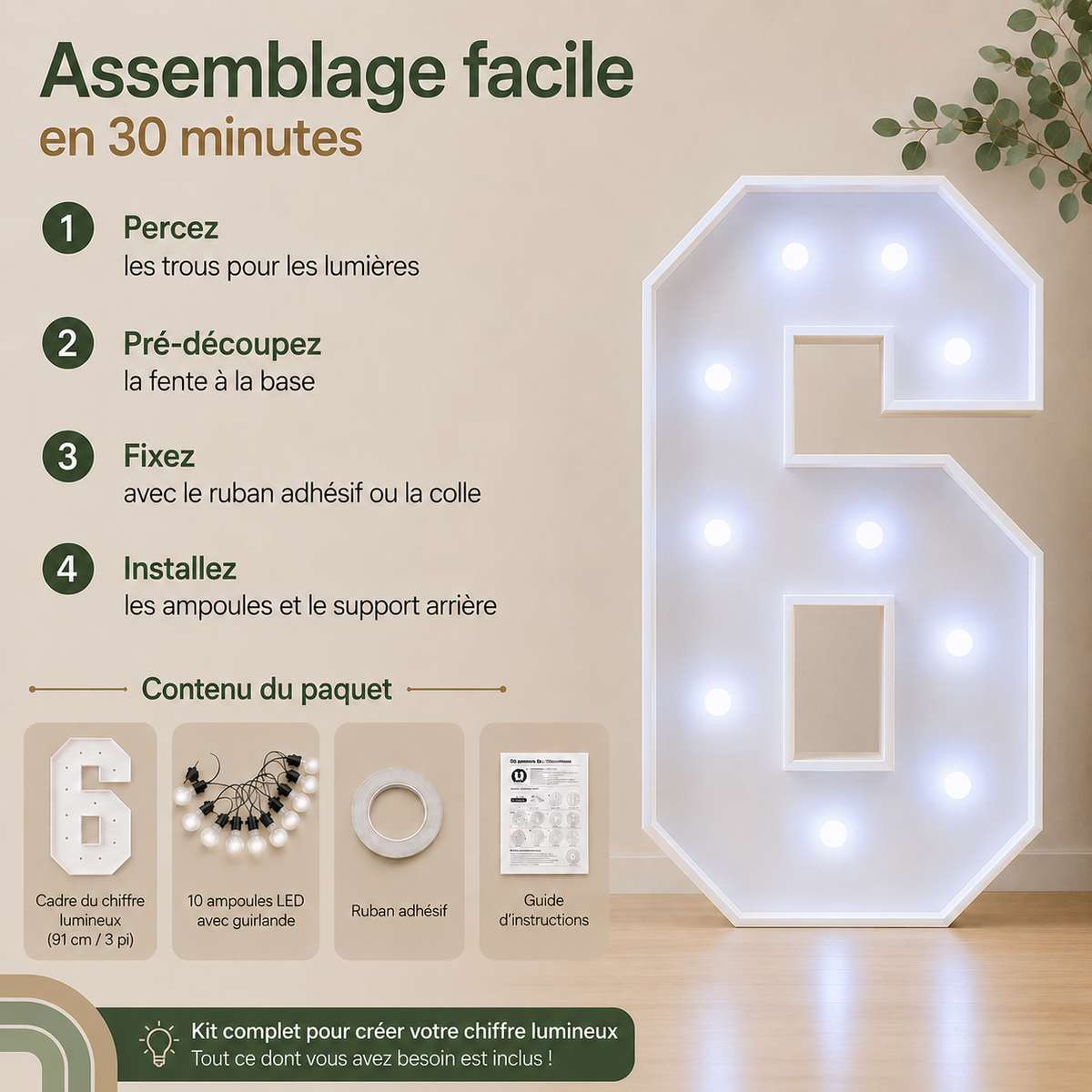 Chiffre lumineux géant 73 cm | Décoration anniversaire 0 à 9