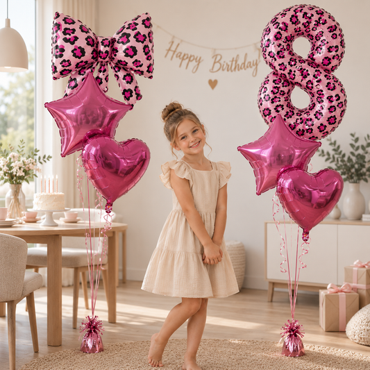 Ballon Chiffre Léopard Rose| Noeud | Lot de 6 Pièces