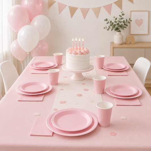 Nappe Anniversaire Rose & Vaisselle Assortie | 51 Pièces