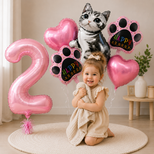 Cat Party Balloons Set Pink Blue Kitten Cat's Paw Foil Balloon with 32'' Number Balloons for Boy Girl 1-9th Birthday Party Decor