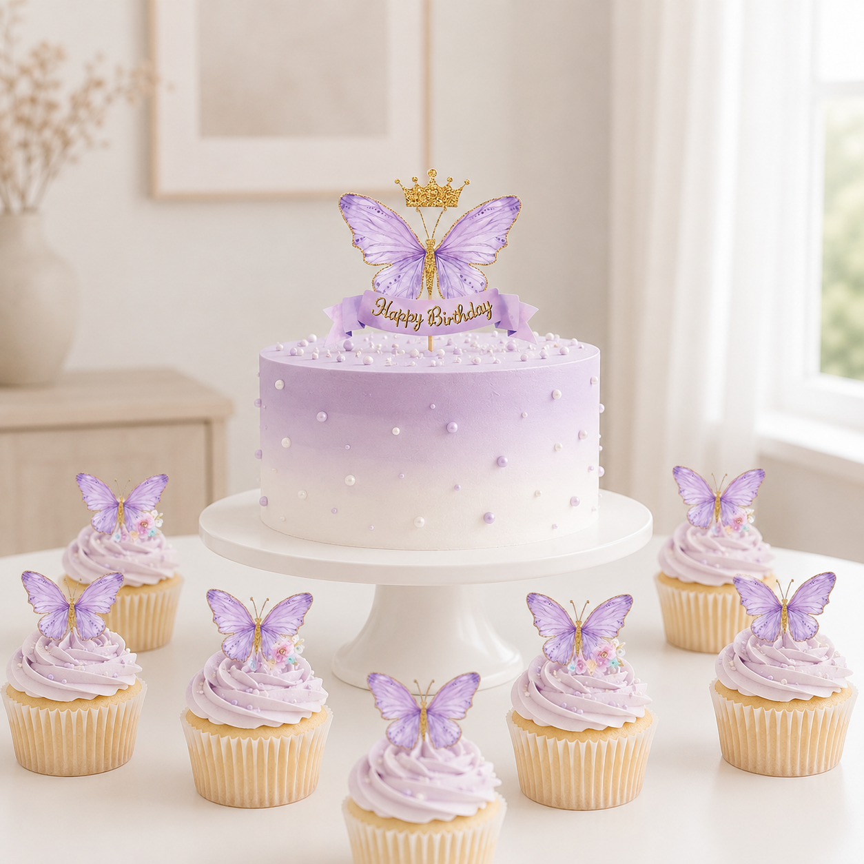 8pcs Purple Pink Butterfly Cake Decorations Happy Birthday Cake Topper Wedding Birthday Party Supplies Dessert Baking Decoration