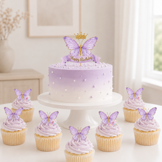 8pcs Purple Pink Butterfly Cake Decorations Happy Birthday Cake Topper Wedding Birthday Party Supplies Dessert Baking Decoration