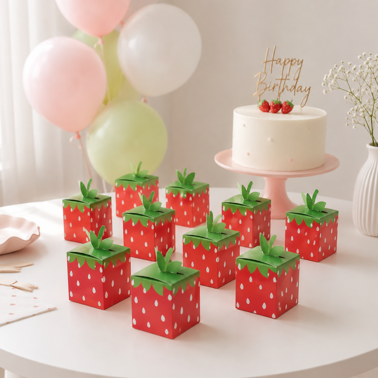 10Pcs Sweet Fruit Strawberry Theme Paper Cookie Candy Box Gift Packing Boxes for Kids Birthday Baby Shower Wedding Party Decor