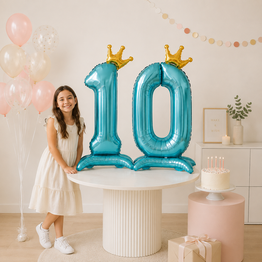 Ballon Chiffre Anniversaire sur Pied avec Couronne | 40 Pouces | Turquoise
