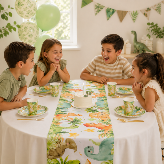 1pc Polyester Table Runner Watercolor Dinosaur Tropical Plant Print Table Runner for Dinosaur Themed Party Birthday Party Decor
