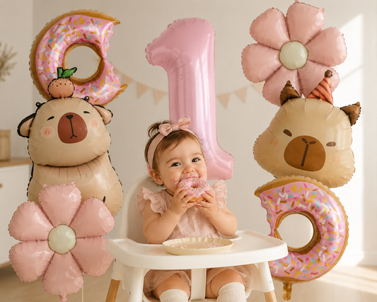 Cartoon Dolphin Pink Daisy Flower Happy Birthday Balloon Doughnut Set 32inch Pink Digit Capibara Theme Party Globos Supplies