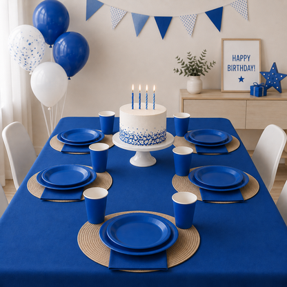 Vaisselle Anniversaire Bleu avec Nappe | Ensemble 51 Pièces
