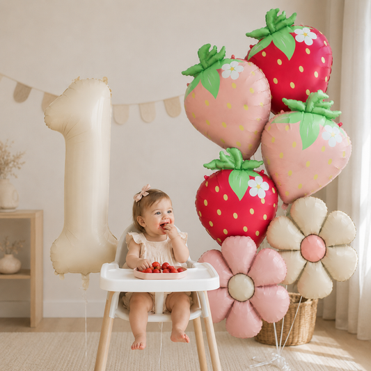 7Pcs Fruit Strawberry Flower Foil Balloon with 40inch Cream Number Balloon Berry First Birthday Sweet Summer Party Supplies