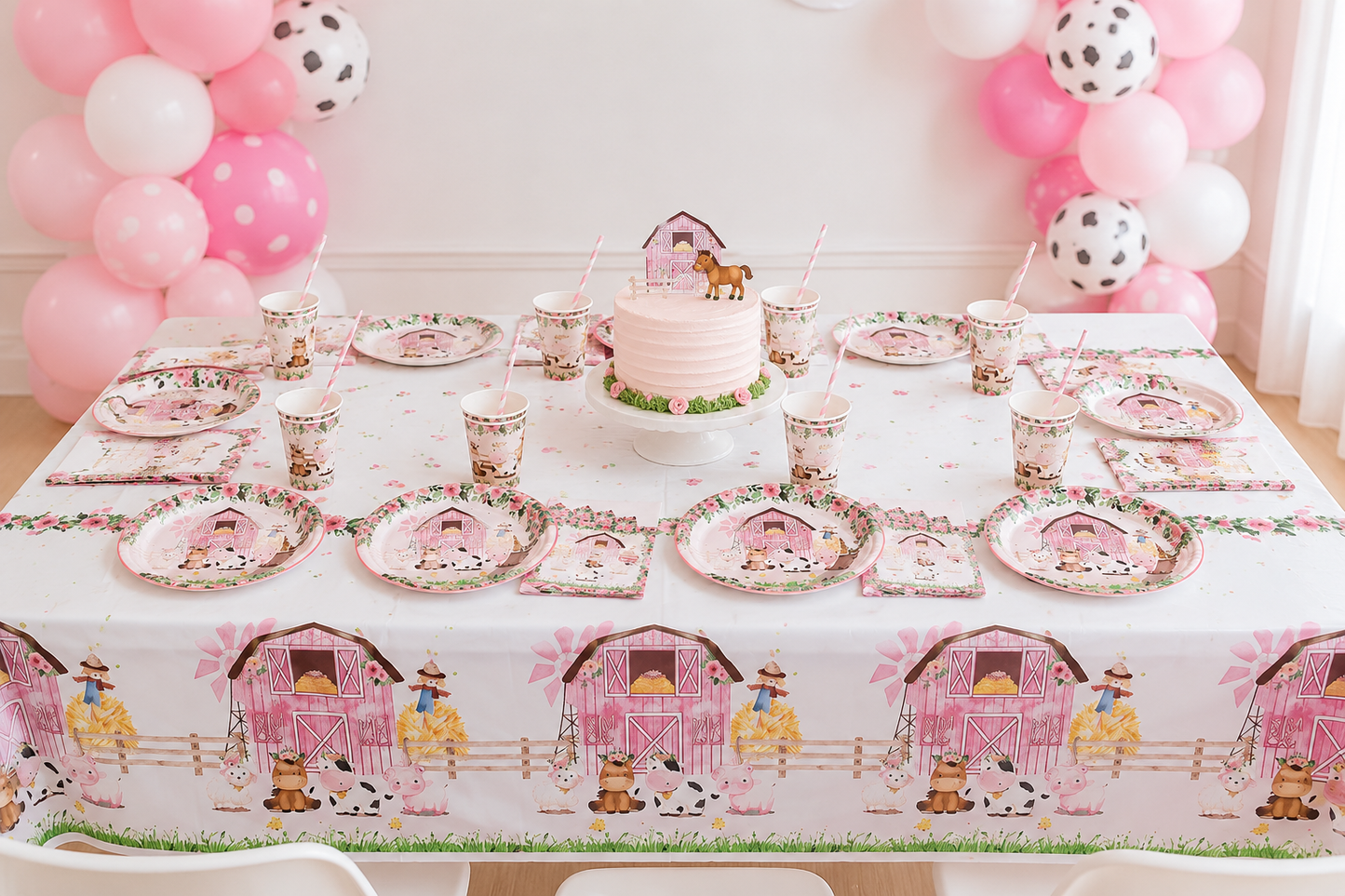 Pink Farm Animals Birthday Decor Disposable Tableware Set Paper Banner Floral Plates Baby Shower Girl Birthday Party Decorations