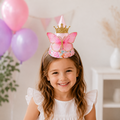 6pcs Mixed Pink Purple Butterfly Party Hats with Elastic String Paper Birthday Hat with Butterfly Stickers for Girls Photo Props