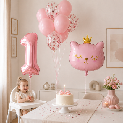 Ballon Chiffre Rose Thème Chat | Lot de 10 Pièces
