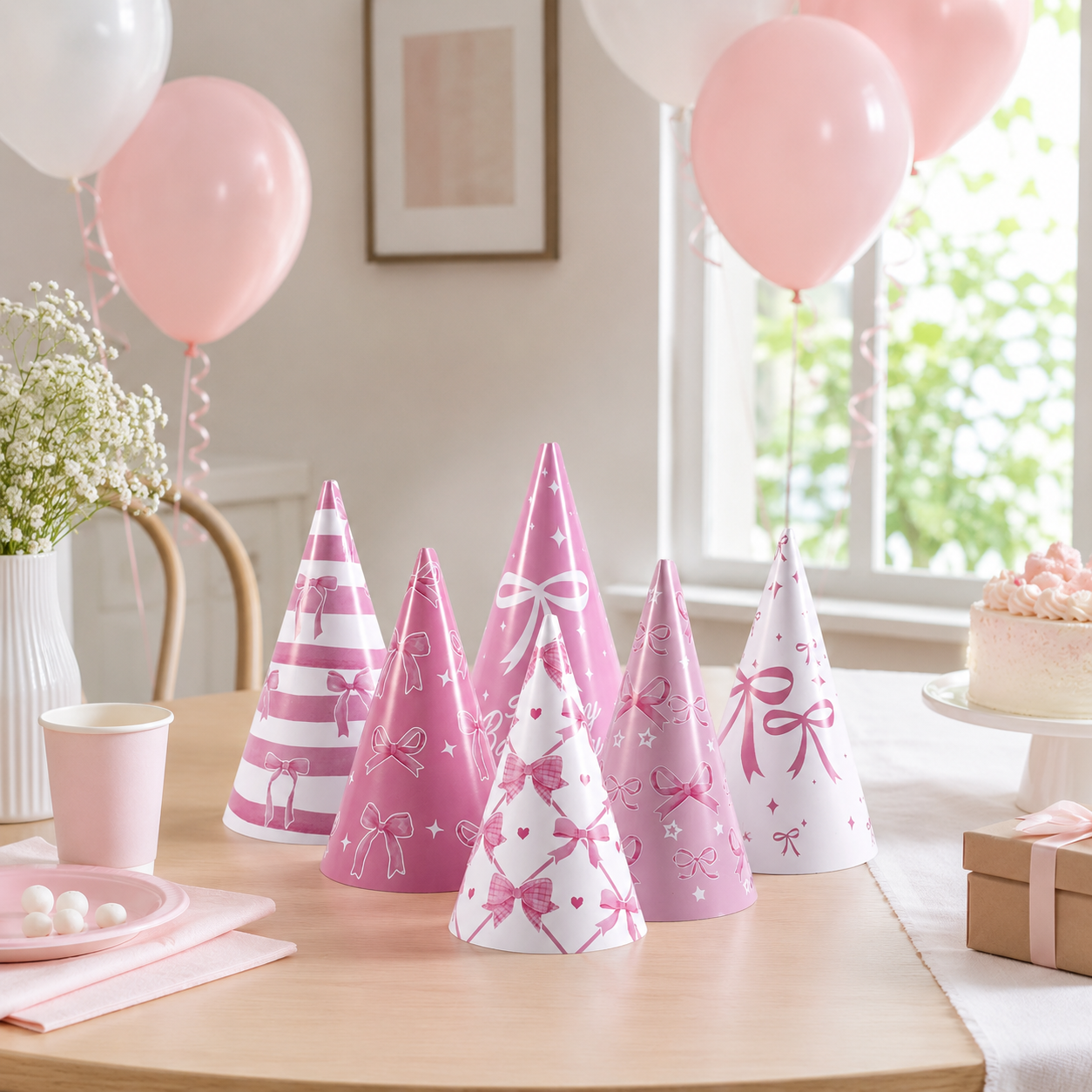 6pcs Bow Birthday Paper Hats Easy Assembly Lightweight Bowknot Cone Paper Party Hats for Happy Birthday Party Decorations