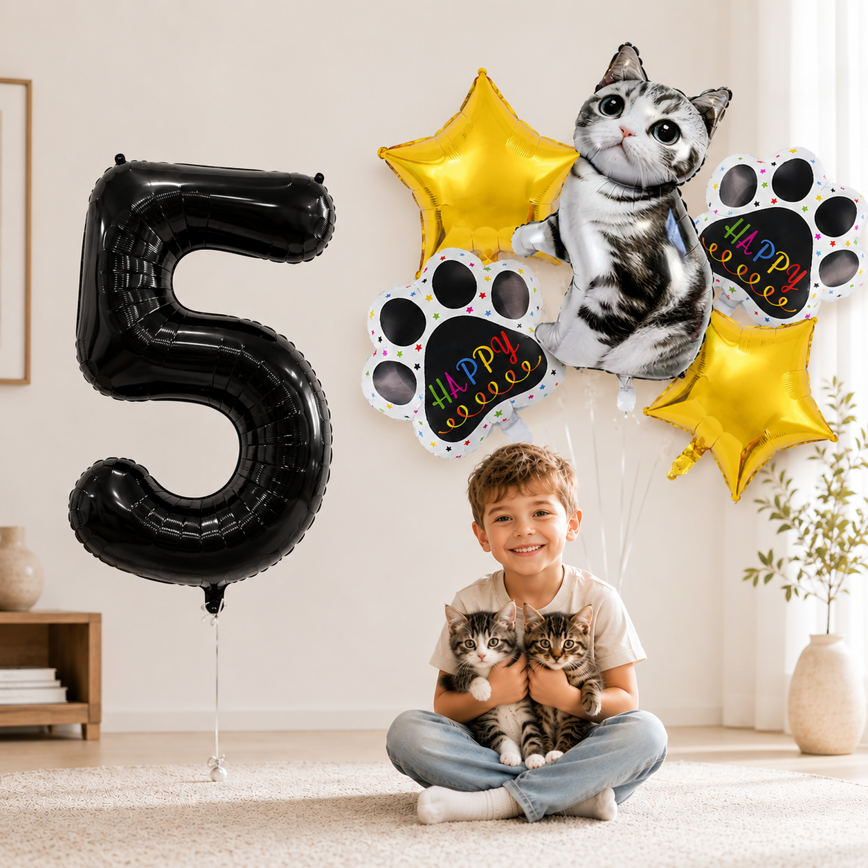 Cat Party Balloons Set Pink Blue Kitten Cat's Paw Foil Balloon with 32'' Number Balloons for Boy Girl 1-9th Birthday Party Decor