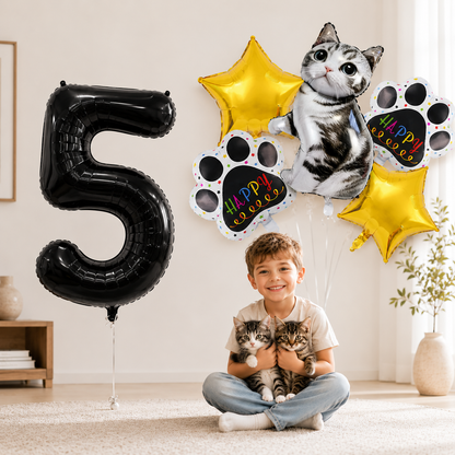 Cat Party Balloons Set Pink Blue Kitten Cat's Paw Foil Balloon with 32'' Number Balloons for Boy Girl 1-9th Birthday Party Decor