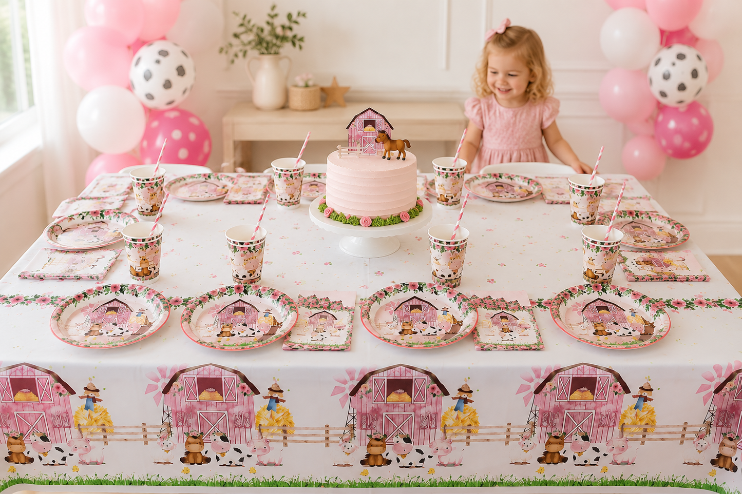Pink Farm Animals Birthday Decor Disposable Tableware Set Paper Banner Floral Plates Baby Shower Girl Birthday Party Decorations