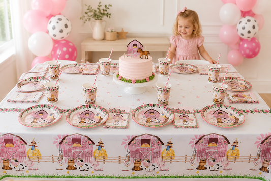Pink Farm Animals Birthday Decor Disposable Tableware Set Paper Banner Floral Plates Baby Shower Girl Birthday Party Decorations