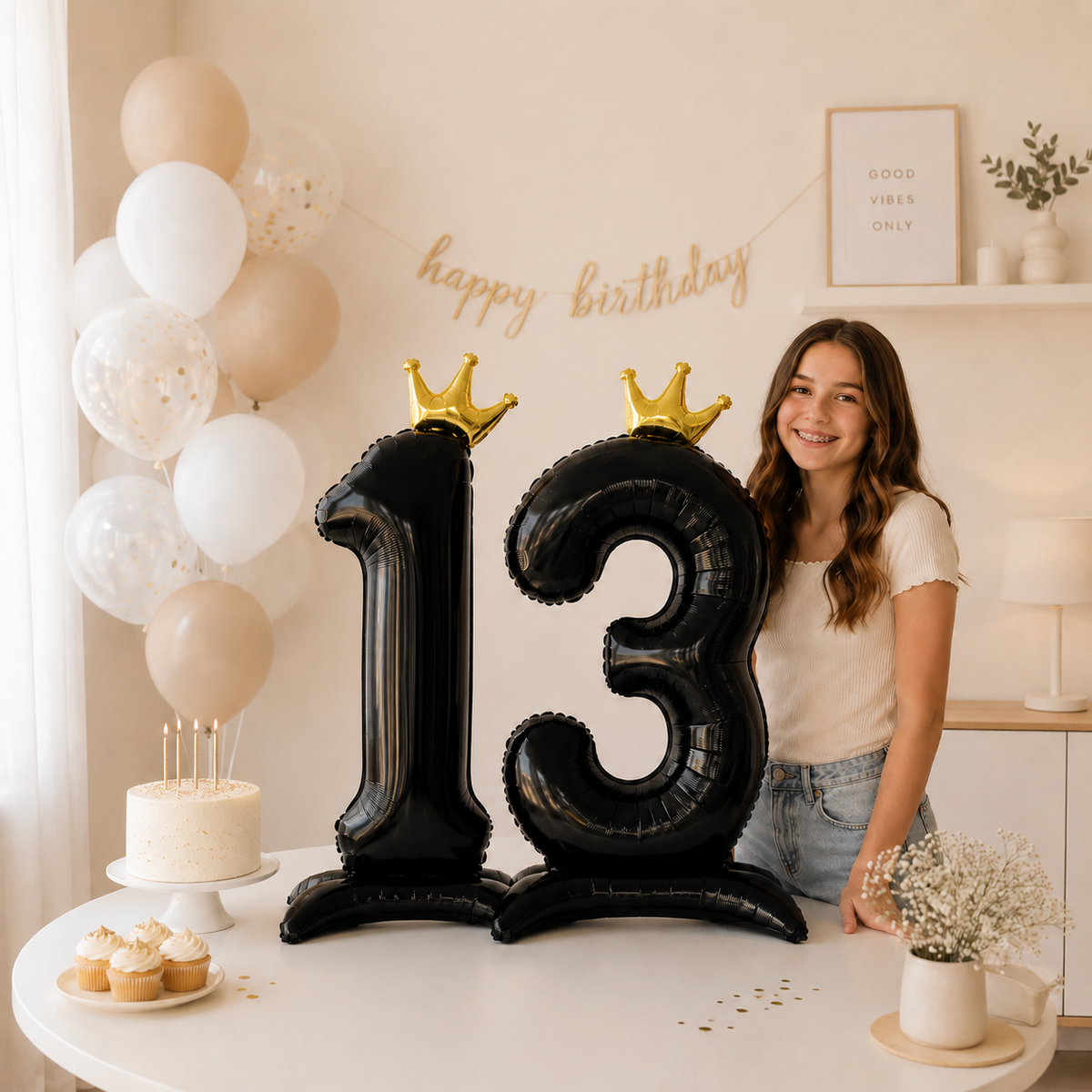 Ballon Chiffre Anniversaire sur Pied avec Couronne | 40 Pouces | Noir