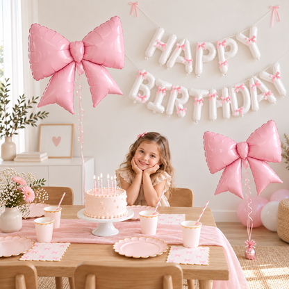 Décoration Suspendue Anniversaire | Ballon Nœud Rose | Banderole Happy Birthday