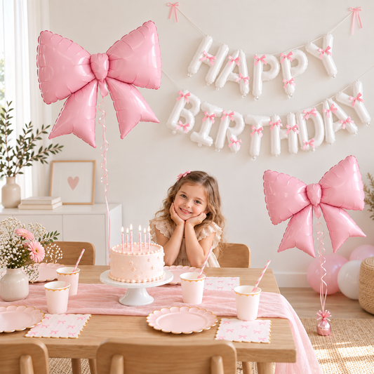 Décoration Suspendue Anniversaire | Ballon Nœud Rose | Banderole Happy Birthday