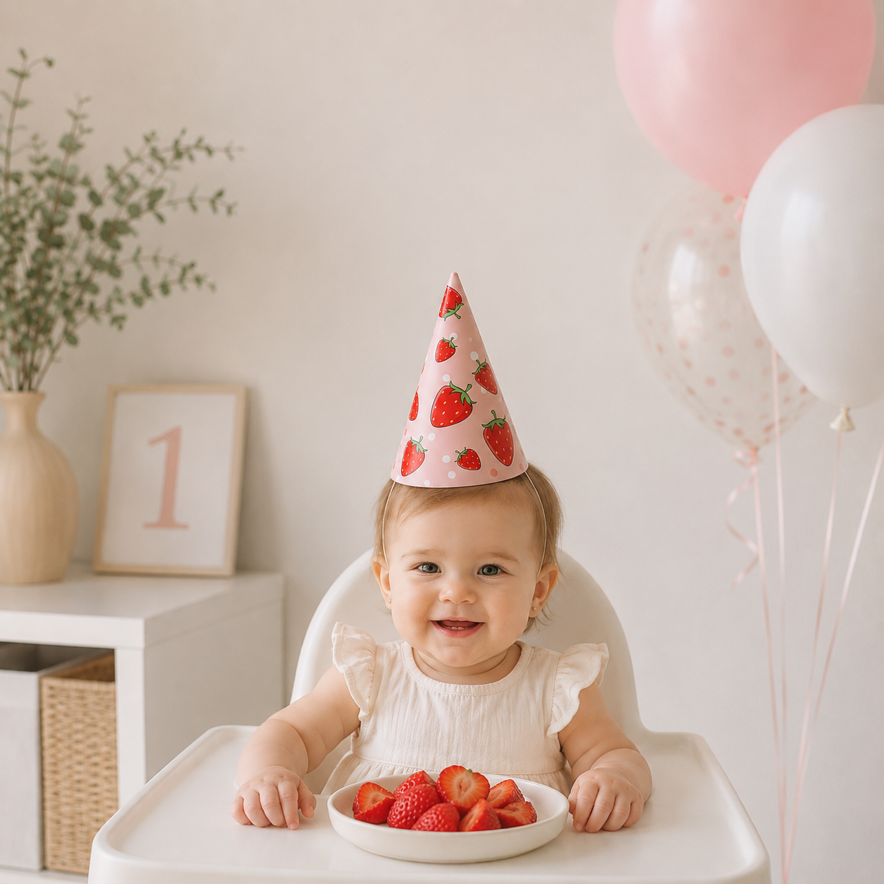 6pcs Pink Strawberry Birthday Party Hats Easy Assembly Lightweight Sturdy Cone Paper Hats for Girls Birthday Party Decorations