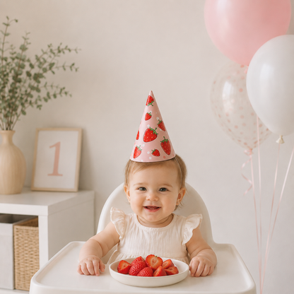 6pcs Pink Strawberry Birthday Party Hats Easy Assembly Lightweight Sturdy Cone Paper Hats for Girls Birthday Party Decorations