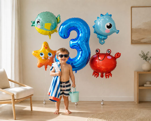 5pcs Ocean Themed Cartoon Animal Balloons 32 inch Blue Number Birthday Balloon Set Festive Party Decoration Birthday Supplies