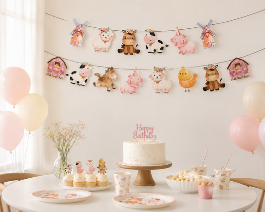 Pink Farm Animals Birthday Decor Disposable Tableware Set Paper Banner Floral Plates Baby Shower Girl Birthday Party Decorations