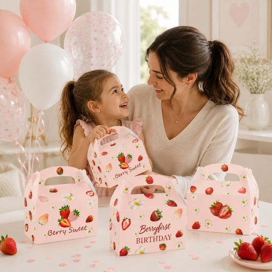 12pcs Strawberry Pattern Themed Party Favor Boxes with Gift Tags - Red And Pink Design, Perfect for Birthdays, Weddings