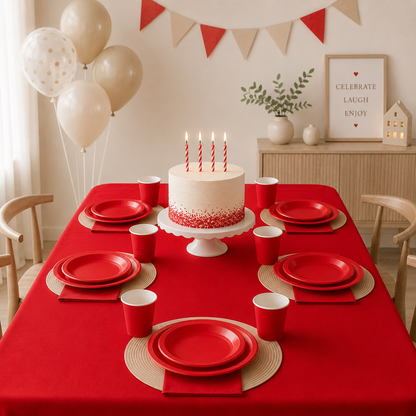 Nappe Anniversaire Rouge & Vaisselle de Table | 51 Pièces