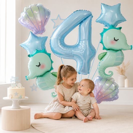 7Pcs Under the Sea World Themed Party Balloon Set New Seahorse 40Inch Blue Number Decor Foil Balloons Birthday Decoration Gifts