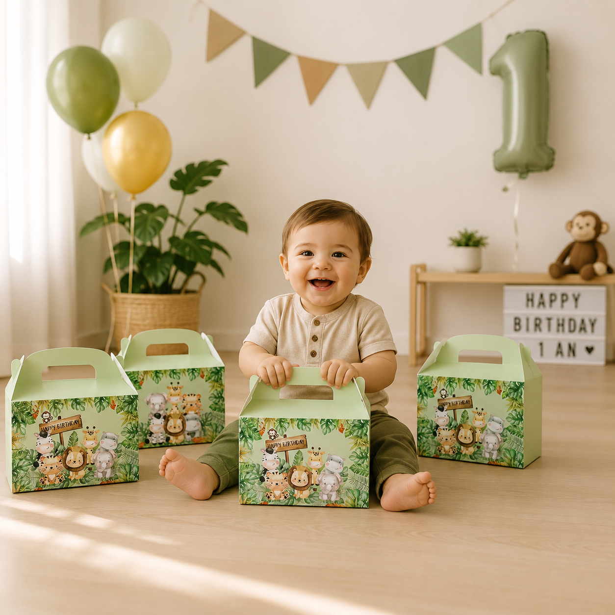 4pcs Jungle Animal Candy Boxes Safari Birthday Party Decoration Kids Gift Packaging Box Wild One Baby Shower Supplies Box Bags