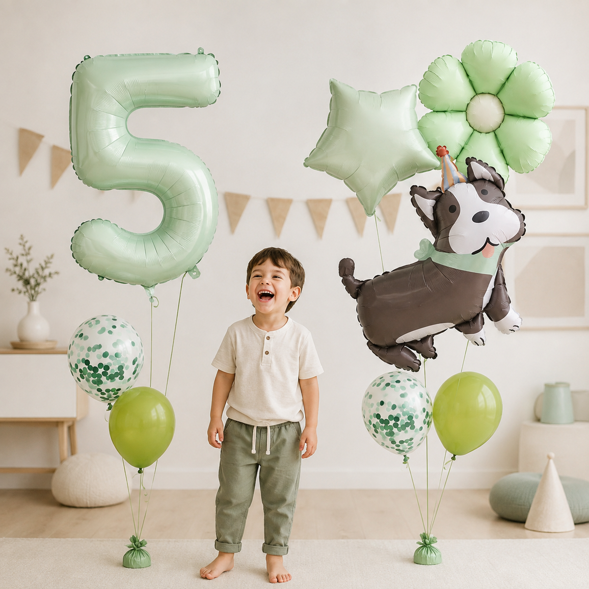 Ballons Anniversaire Chien Vert | Lot de 8 Pièces