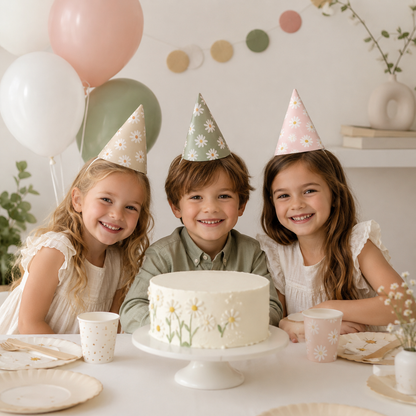 6Pcs Daisy Party Hats Pink Green Flower Paper Hat For Baby Shower Daisy Themed Birthday Party Decorations Kids Gifts Supplies