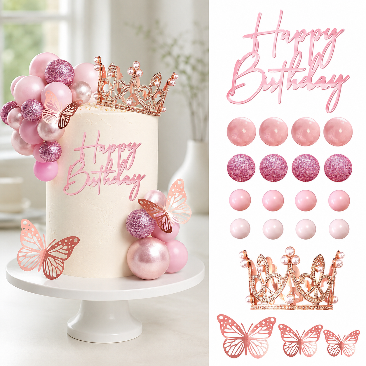 Crown Cake Topper Set 42Pcs Happy Birthday Gold Pink Silver Butterfly Decorations for Wedding Baby Shower Party Celebration GIft