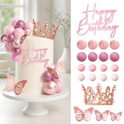 Crown Cake Topper Set 42Pcs Happy Birthday Gold Pink Silver Butterfly Decorations for Wedding Baby Shower Party Celebration GIft